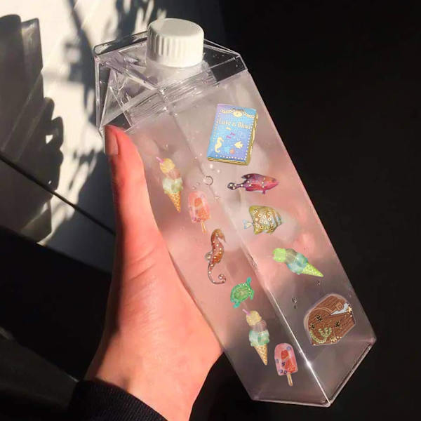 Transparent fyrkantig mjölkflaska läckagesäker plast fruktjuiceflaska (transparent/1000ml) för utomhussporter, resor, camping och vandring.