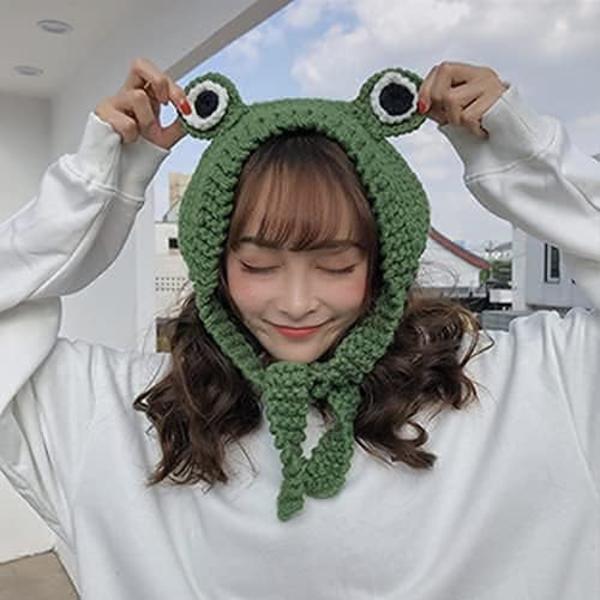Hattu Nauha 3D Silmät Eläin Pääpanta - Vihreä Villa Neulo Frog Hat Teini-Ikäisille Lapsille Aikuisille - Pysy Lämpimänä Ja Söpönä