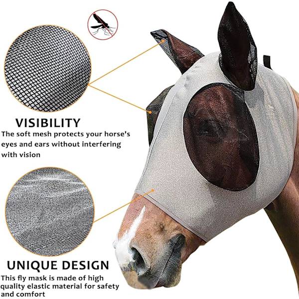Heste maske fluemaske med ører for beskyttelse mot UV og fluer, komfortabel  strekkbar egnet for de fleste store hester