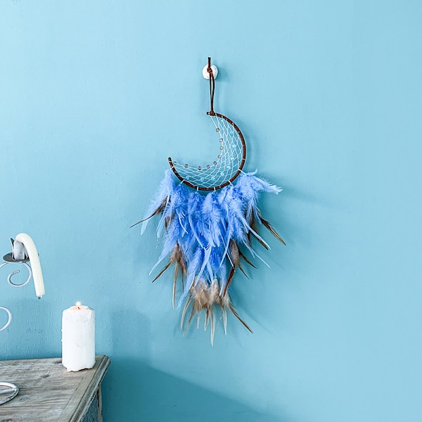 Drømmefanger Måne med LED Lys Håndlaget Flyttbar Drømmefanger Turkis Anheng Vegg Hengende Ornament for Hjem Soverom Veggdekor Håndverk Gave