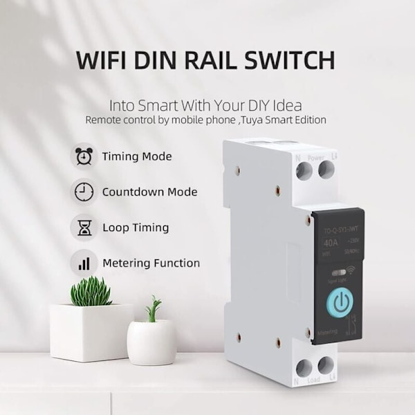 Eosnow DIN-skena Strömbrytare, Smart WIFI-brytare, Mobiltelefon Fjärrkontroll, 3 Tidsinställningslägen, för Hushållsapparater, 40A