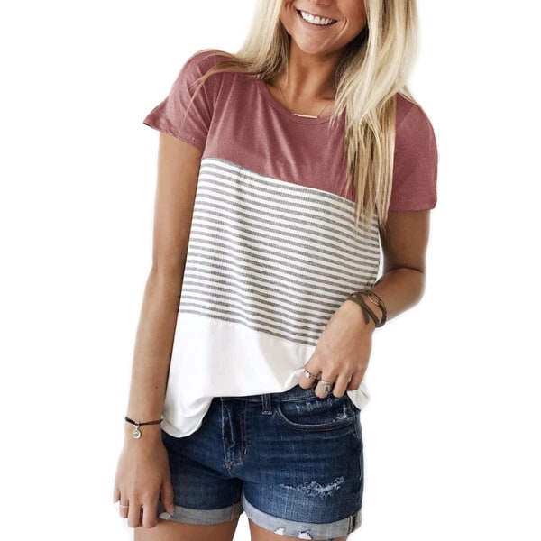 Rund Hals Triple Color Block Stripe T-skjorte（L,Svart）