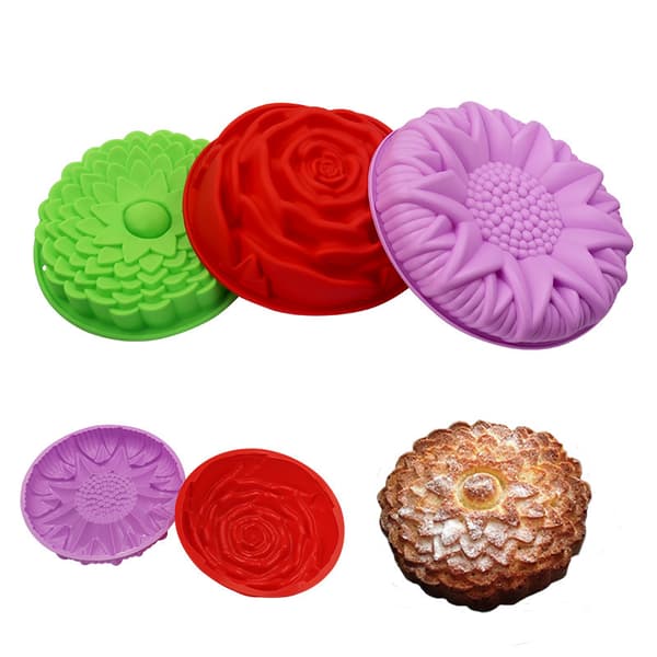 3 stk. Blomsterforme - (Tilfældig farve) - Silikoneforme til kager, tærter, buddinger, store runde solsikker, krysantemum, roser, non-stick bageforme