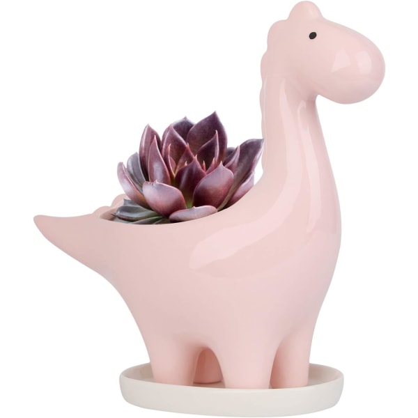 (Växt ingår ej) Keramisk blomkruka med fat - Ros, dinosaurieformad kaktusblomkruka, miniväxtkruka inomhus, present, dekorativ bonsai-blomkruka