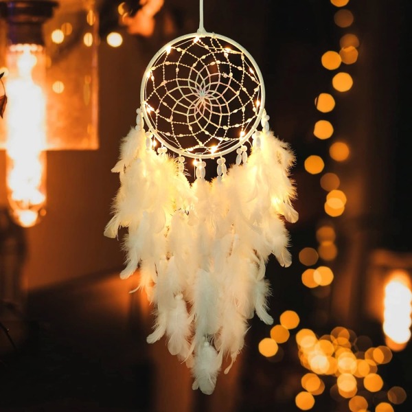 LED-drömfångare för barn, vit fjäderdrömfångare med dekoration med ljusa pärlor, hängande handgjorda presenter till barnrummet