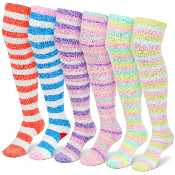 6-pakk plysjsokker for kvinner Søte knesokker med kort gjennomgående lår Høye sokker Fluffy Coral Fleece stripete sokker