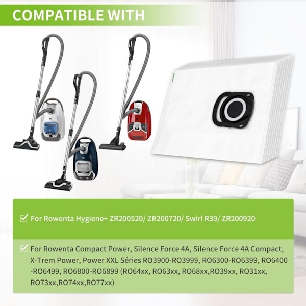 10 Hygiene+ -pussia ZR200520 ZR200720 ZR200920 Yhteensopiva Rowenta Silence Force Tefal Moulinex Green Force Power XXL X-Term Power Compact Power RO39 -imureiden kanssa