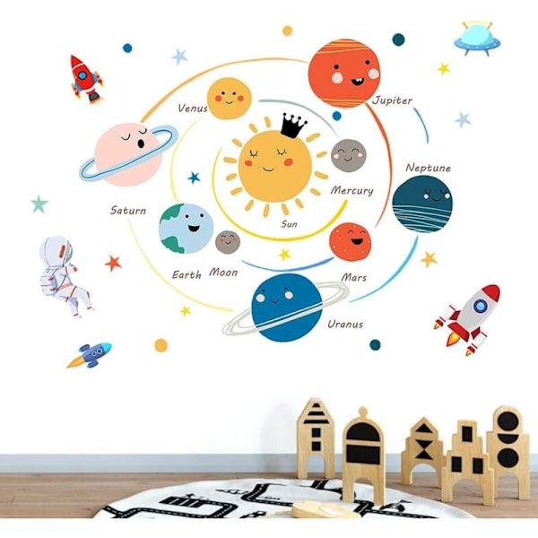 Planet väggdekaler för barnrum, stora rymdväggdekaler för pojkrum, söta pedagogiska väggdekaler för barnkammare, lekrum