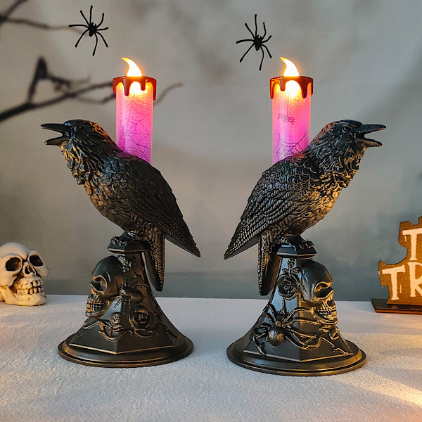 Halloween LED-ljus 2-pack Retro Gotisk Kråka Design Halloween Prydnader Skalle Snidad Bas Spindeltryck Flamlösa Ljus Heminredning (Svart)