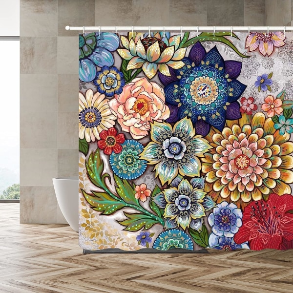 Boho Blomster Bruseforhæng til Badeværelse, Lyst Stof Blomster Bruseforhæng med 12 Kroge, Multi Farve 180x180cm