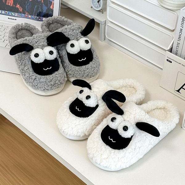Søte små saueslippers vinter fluffy slippers kvinners sklisikre varme hjemmesko soveromssko 24,5 cm