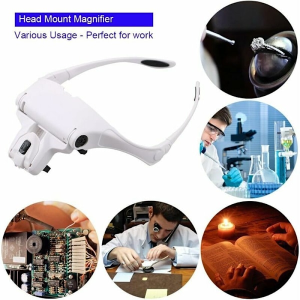 Slovers med 2 LED-lys, forstørrende frontalt frontfrit headset til syning, læsereparationer, smykker, ure og håndværk, 5 aftagelige linser (1.0x-3