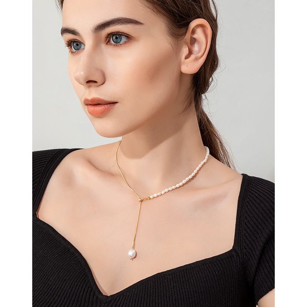 Pearl Pendant Halsband Y Shape Lariat Chain - 14k Guld Chain Pendant Långt Pendant Halsband Smycken för kvinnor och flickor