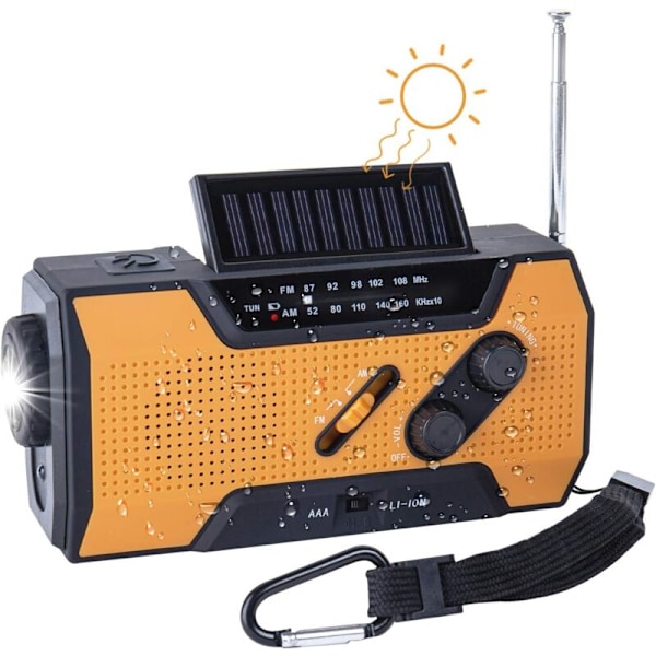 （Orange） Nödradiomed FM AM Vev, ny solcellsdriven multifunktionsradio för utomhusbruk med 2000mAh som powerbank/läslampa med 4 LED/LED-ficklampa