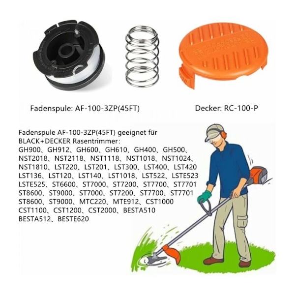 Paket med 8 skärspolar kompatibla med Black and Decker skärspolar, trimmerhuvuden (6 skärtrådar, 2 lock, 2 fjädrar)