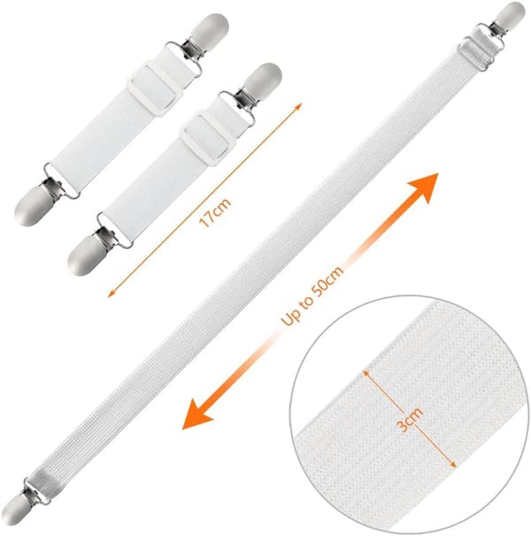 Elastisk lakansspännare, justerbar fästrem för lakan, soffa, strykjärnsöverdrag (vit, 4-pack)