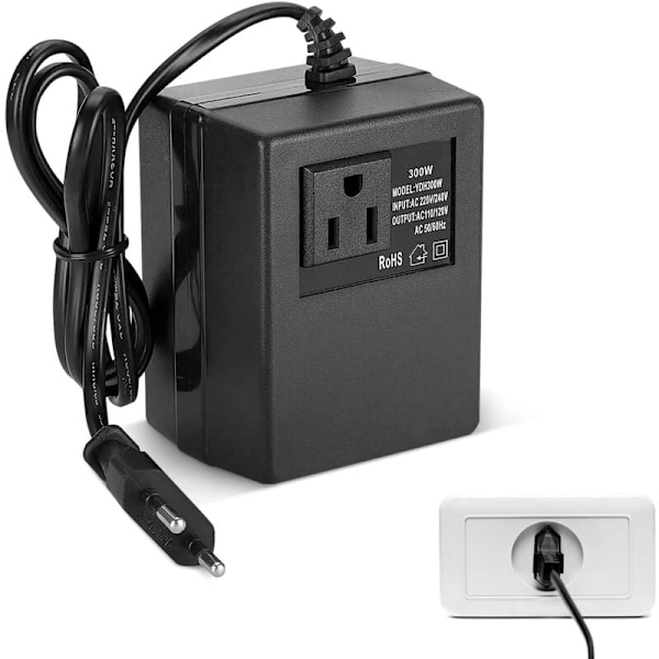 220V/240V til 110V/120V Transformator, EU Plugg Strømtransformator Spenningsomformer Socket Adapter