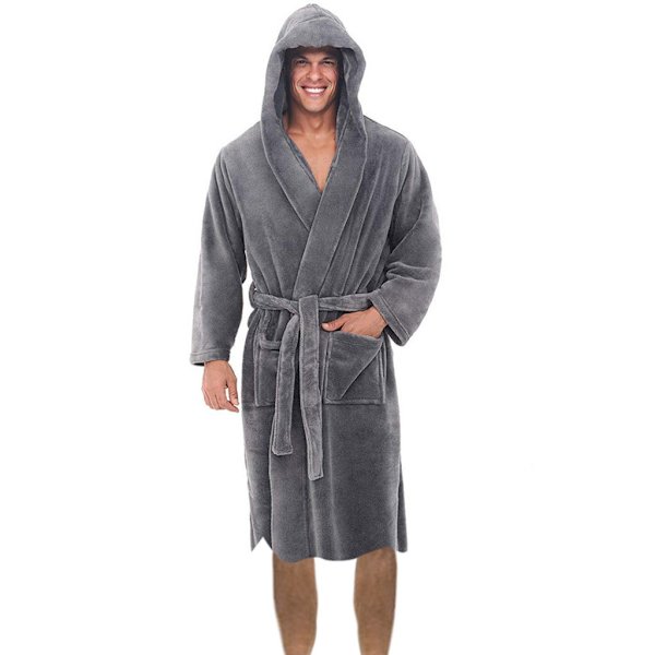 Miesten hupullinen plyysipyjama, pitkä kylpytakki, harmaa, 5XL