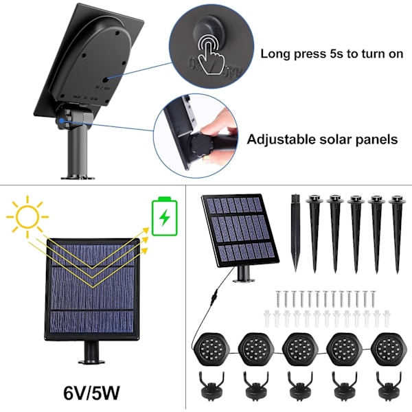 Solcelledambelysning, (5 forlygter) RGB solcelledambelysning nedsænkelig belysning med IP68 vandtæt, farveskiftende RGB solspotlights til akvar