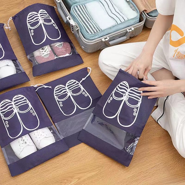 Blå 10-pack dragsko skopåse, dammsäker reseskoskyddspåse med visuellt fönster för stövlar, T