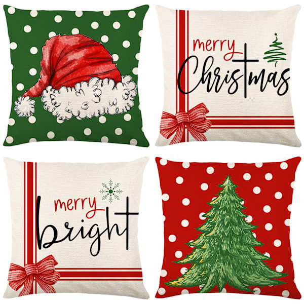 Set med 4 juleputetrekk 18x18 tommer juletre nisselue putetrekk dekorative putetrekk