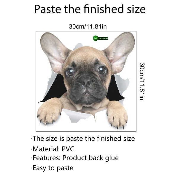 3D-veggklistremerker for hunder – sett med 2 – morsomme dekorative klistremerker – søte franske bulldogg-veggklistremerker – kjøleskap – toalett – soverom – bil – kjøleskap