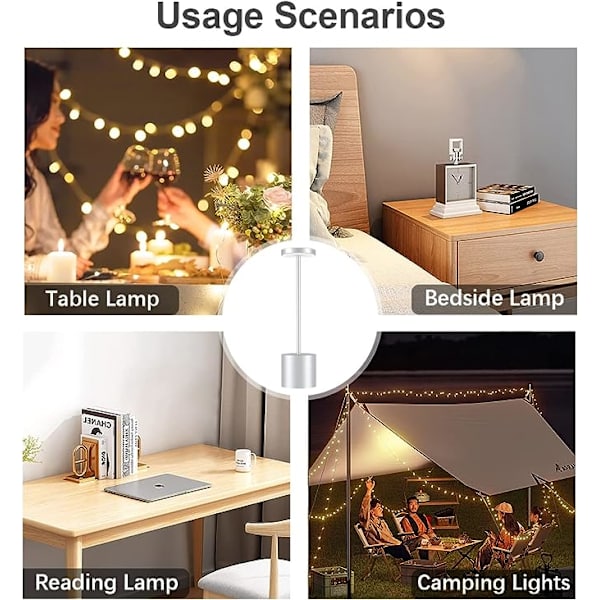 Hopea, ladattava langaton pöytälamppu, 3600mAh USB-lataussuunnittelu Metalli LED-pöytälamppu, 3 väritilaa, yöpöydälle, ulkotiloihin, terassille, ravintolaan