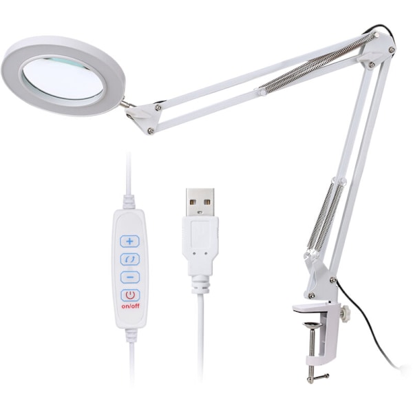 Suurennuslasi LED-pihdeillä, suurennus 8x, 10 säädettävää kirkkaustasoa, säädettävä voimakkuus, 3 vaihdettavaa väriä, USB:llä toimiva pöytävalaisin,