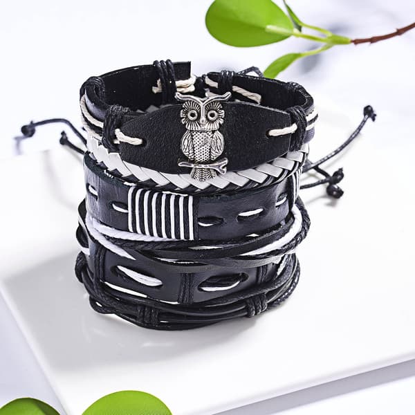 5 stk. sort flettet læderarmbånd til mænd og kvinder Punk Skull Bra