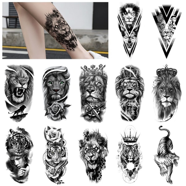 12 delar Tribal Liger Svart Tillfällig Tatuering Skräck Halloween Skelett Barn Gangster Fake Tatuering Stickers Lår Arm Hals Elephant Warrior 3D Realis
