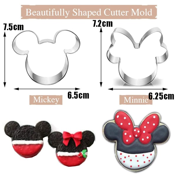 Sett med 6 Mickey Mouse-hode, Mickey Mouse-ansikt, Minnie Mouse, enhjørning, dinosaur, hjerte og stjerne kakeform, sand