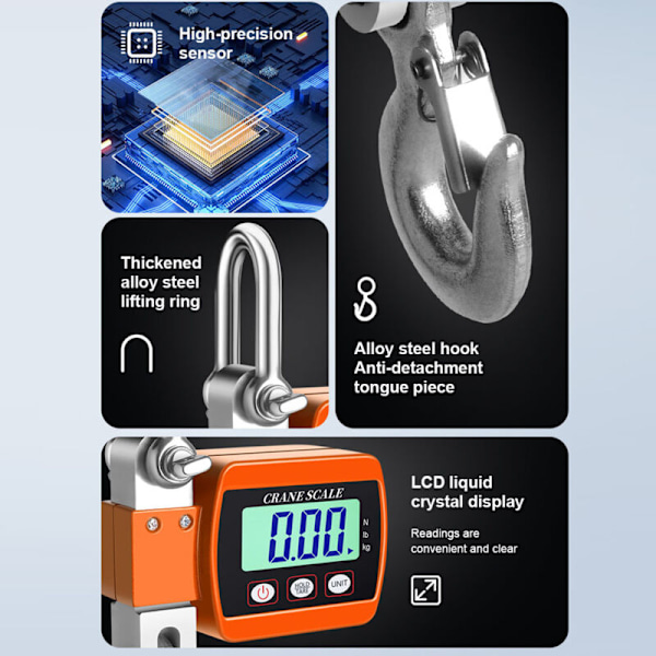 Vægt med krog med digitalt LCD-display 0,05-500 kg, bærbar, elektronisk, industriel, robust, med enhedsændringsfunktion