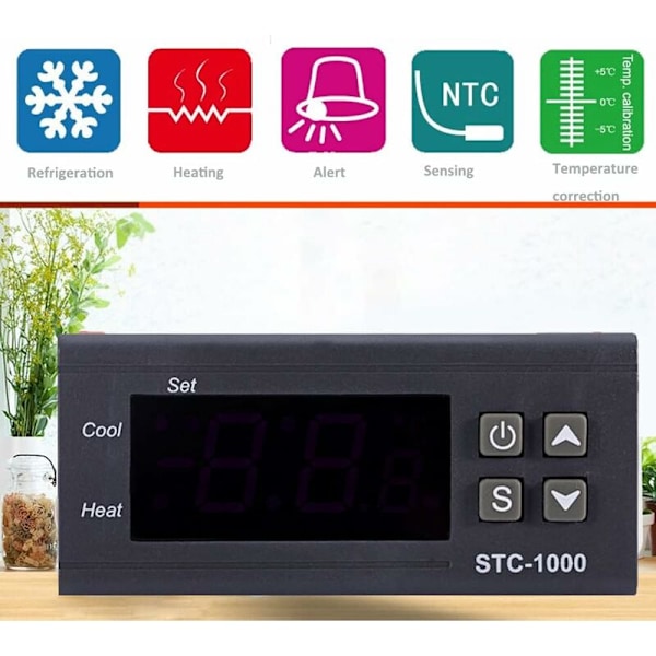 Temperaturkontroller AC 110V-220V, Digital termostat STC-1000 med NTC temperatursensor sond, värme/kyla, 758534mm