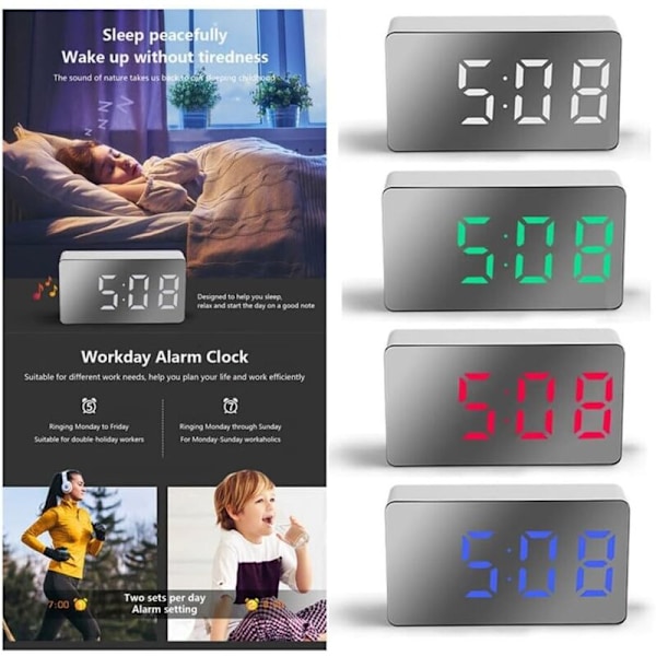 Digitalt vækkeur med spejl - mini LED-ur - Digitalt elektronisk vækkeur - Bærbar - USB-opladning
