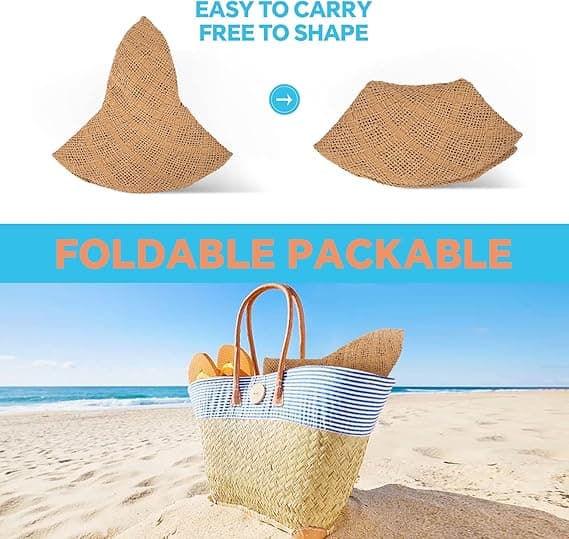 Khaki Halmhat til kvinder Bred skygge Sommer Strandhatte Sammenfoldelig UV-beskyttelse Solhatte til fritidsrejser