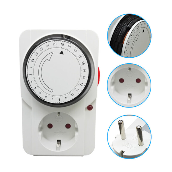 Programmerbar Timer, Mekanisk Daglig Programmer Inter. 3000 W Indikatorlys. Mekanisk Daglig Programmer Stikkontakt, Hvit Farge, 16A