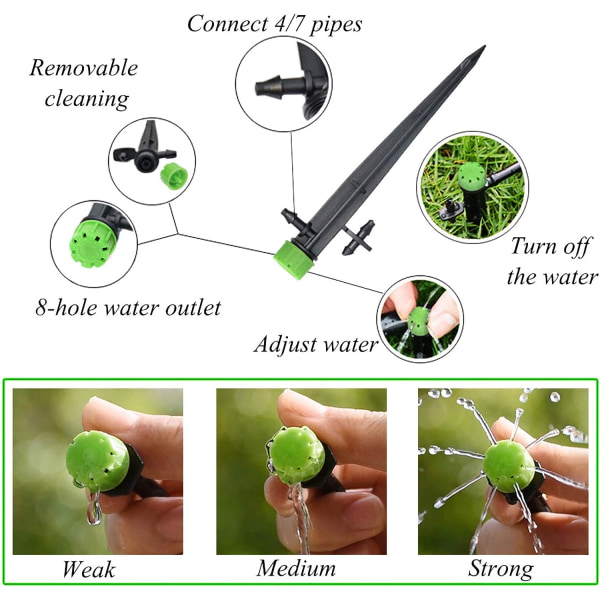 100 stk vanningssystem drypp (grønn), universell 360 graders justerbar vanning drypp, med koblinger, vanningssystem for vannstrøm