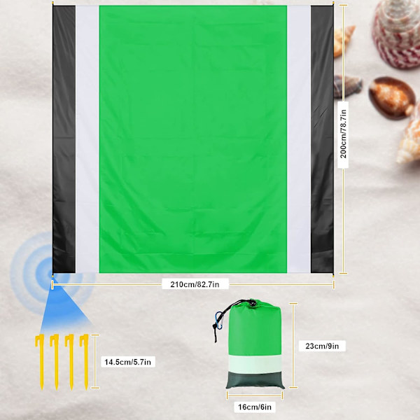 Grønn vanntett strandmatte. 210 x 200 CM Vaskbar piknikmatte med 4 festepinner Bærbar stranddekke for fotturer Strandparkutflukter