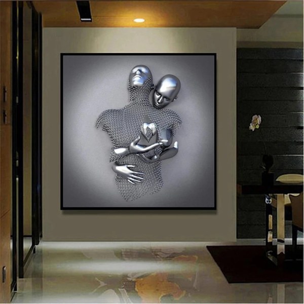 Kärleks hjärta 3D-effekt väggkonst abstrakt metallsculptur duk modern målning väggdekor 30*40cm