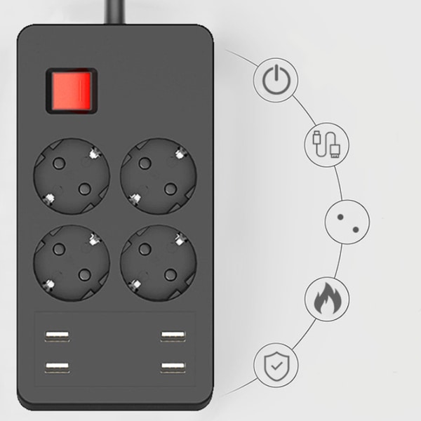 Multifunktionel overspændingsbeskytter med 4 stikkontakter og 4 USB-porte, stikdåse med individuel afbryder mod overbelastning, 1,5 m sort