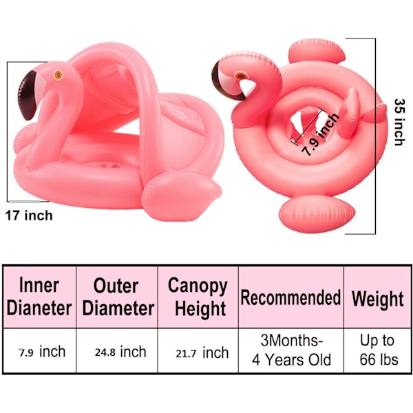 Flamingo Baby Pool Float med Tak, Uppblåsbar Säte Boj Uppblåsbar Barn Pool Spädbarn 6 - 48 Månader Badkar Simbassäng PVC Material (Rosa)