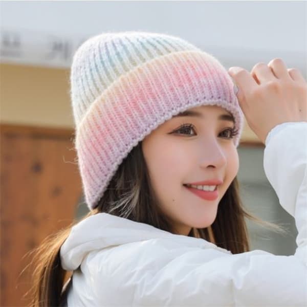 Ørebeskyttelse Varm Hat Kvindernes Store Hoved Tyk Tråd Strikkede Hat Casual Elastisk Gradient Farve Uld Hat