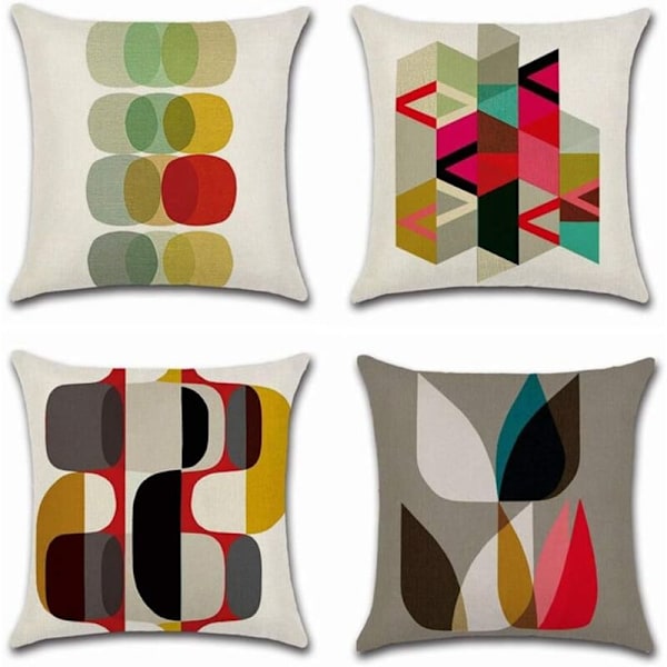 4 st Kuddfodral 45 x 45 cm, Fyrkantiga Dekorativa Soffkuddar Färgglatt Tryckt Geometriskt Mönster Linne Heminredning för Sovrum Vardagsrum Kontor