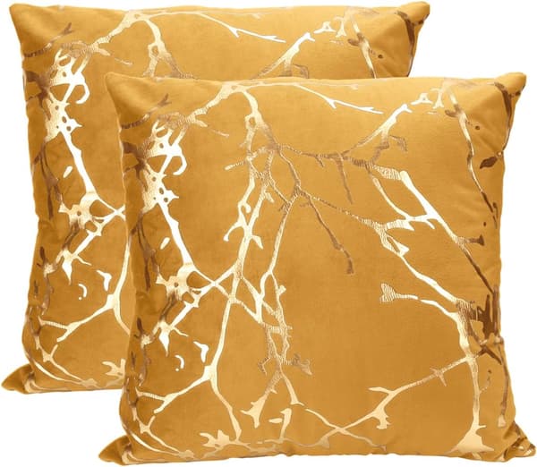 Gul 45x45cm, Set med 2 Sammet Kuddfodral för Soffa, Sovrum, Bil med Guld Grenar Dekorativa Kuddfodral