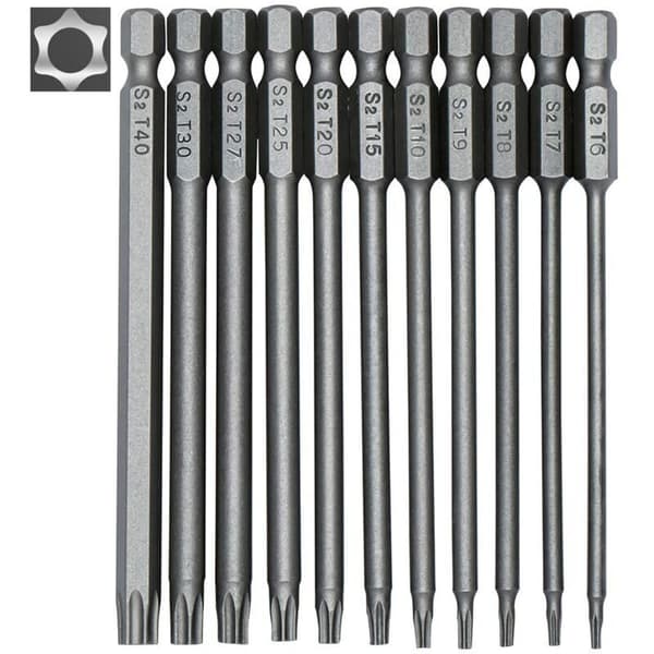 11 Dele Lang Torx Skruetrækker Bitsæt - Magnetiske Bits - 1/4\" Hex Skaft - Størrelser T6 til T40 - 100mm Længde