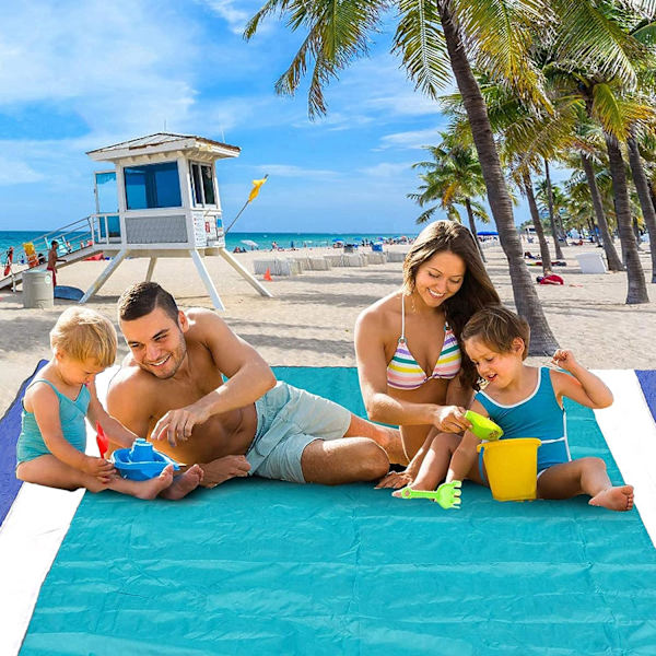 Strandmatte Piknikteppe for voksne 200 x 210cm, Strandteppe Sandfritt Vanntett, Strandteppe Ekstra Stor med Oppbevaringsport og 4 Faste Spiker f