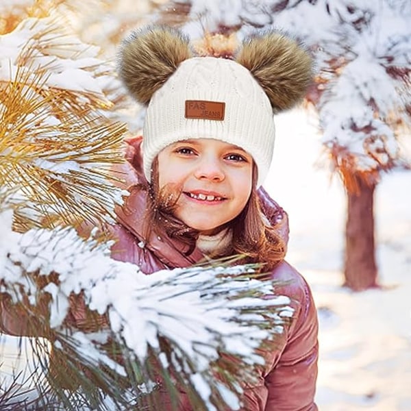 Barn Vinter Varma Mössa Halsduk Vantar Set Vit Termisk Stickad Virkad Tjock Fluffig Småbarn Halsduk Dubbel Pom Pom Bobble Mössa med Konstgjord Päls för Flickor