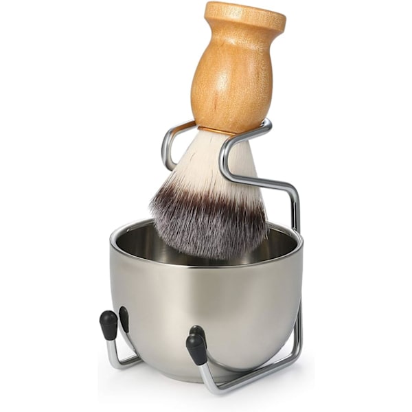 Barberingskostsett med skjegggrevlinger med treskaft + barberbolle i rustfritt stål + stativ for barberkostsett for menn