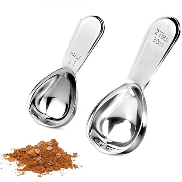 Kaffeskjesett, 2 rustfrie stålskjeer, 15 ml og 30 ml, rustfritt stål måleskje
