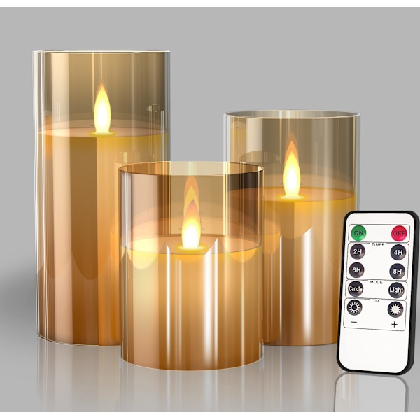 Glas Batteridrivna LED Flamlösa Ljus med Fjärrkontroll och Timer, Äkta Vaxljus Varm Färg Ljus för Festival Bröllopsdekor (Paket med 3) - Guld